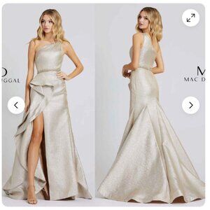 MAC DUGGAL 66975 ONE SHOULDER METALLIC RUFFLE OYSTER THIGH SLIT  GOWN  sz 6